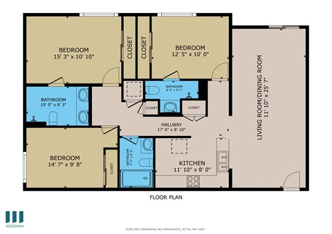 Floor plan for 3 beds, 3 baths, 1270 sqft